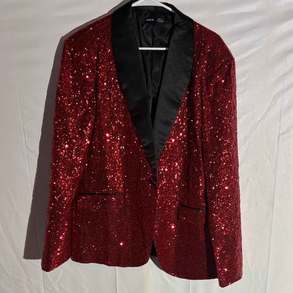 SHEIN Sparkling Red Sequin Blazer with Black Collar